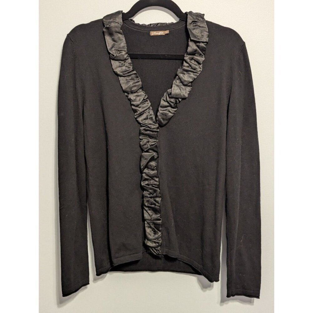 j mclaughlin womens large black long sleeve cardigan dressy satin ruffles